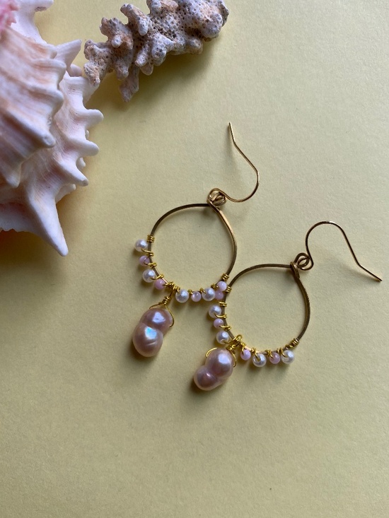 Handcrafted Jewelry - Hoop Earrings with Double Nugget Pearl with Shell Beads & Faux Pearl